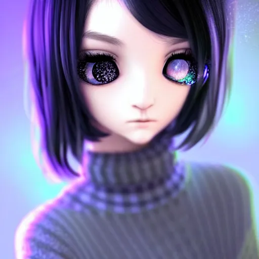 Image similar to beautifully pretty stoner girl, 2 2 years old, black sweater, grey checkered skirt, very cute features, glittery short black hair, blue eyes, universal volumetric lighting, soft glow, by range murata, highly detailed intricately sharp focus, trending on pinterest, unreal engine 5 4 k uhd image