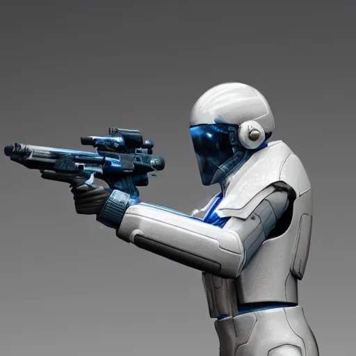 Prompt: close up photograph of an old man who is a veteran of many futuristic wars with short gray hair and blue eyes. he is wearing a white futuristic suit of heavy combat armor and holding a blaster in one hand and a plaster plazma - proof shield in the other. riding a white armored motorcycle charging into enemy lines while firing plasma bolts. scifi