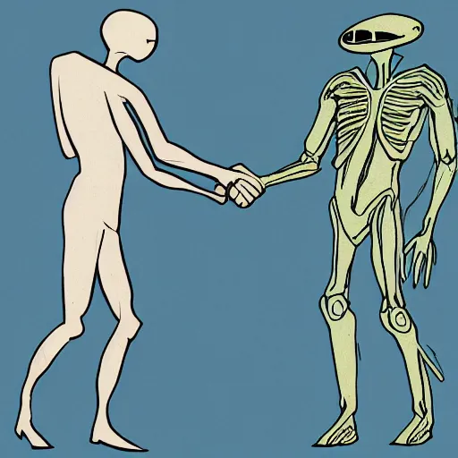 Image similar to Human and alien shaking hands in large arean full of approving onlookers, style of photo realism