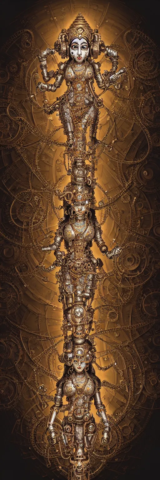 Image similar to seamless pattern of steampunk cybernetic biomechanical hindu goddess dugra, 3 d model, very coherent symmetrical artwork, unreal engine realistic render, 8 k, micro detail, gold white plastic and steel intricate, elegant, highly detailed, digital painting, artstation, smooth, sharp focus, illustration, artgerm, tomasz alen kopera, wlop