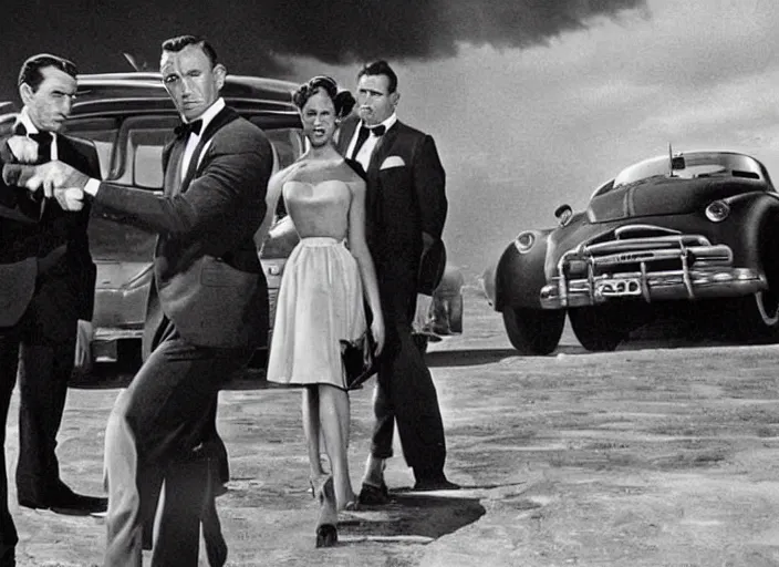 Prompt: scene from a 1 9 5 0 s james bond film