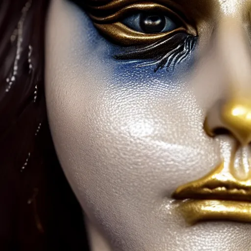 Image similar to photo taken of an epic intricate, ultra detailed, super realistic bust of a majestic gracious regal aristocratic brunette female vampire created by weta workshop, menacing, some zoomed in shots, photorealistic, sharp focus, white wall, extremely cold blueish colour temperature, 3 5 mm, f 1. 4, golden ratio