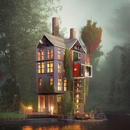 Prompt: tree houses with apartments that look like those in amsterdam, trending on artstation, octane rendering, cinematic lighting, camera obscura, inspired by da vinci, inspired by rembrandt, inspired by ghibli, inspired by alan moore, inspired by blade runner, hyper realistic detail, very very very detailed, super detailed