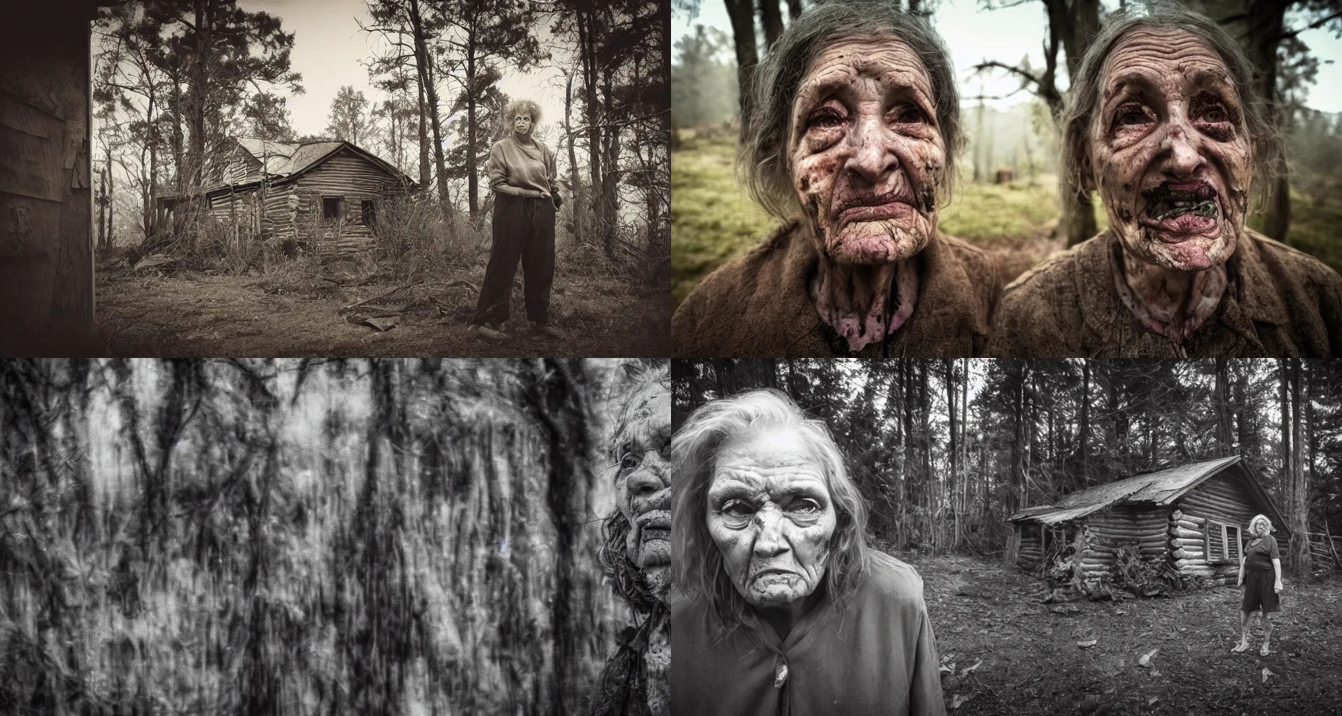 Prompt: portrait of an ugly old woman with sinister face and dirty clothes standing outside of an old cabin, forrest in the background, blurry background, macro, depth of field, moody, utopian looking, 80s, hyperrealistic, dramatic lighting, cinematic, matte painting, vivid