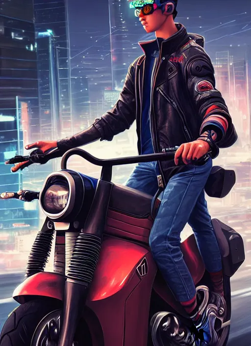 Prompt: photo of cyberpunk male teenager riding on a motorcyle in the style of stefan kostic, realistic, sharp focus, 8 k high definition, insanely detailed, intricate, elegant, art by stanley lau and artgerm