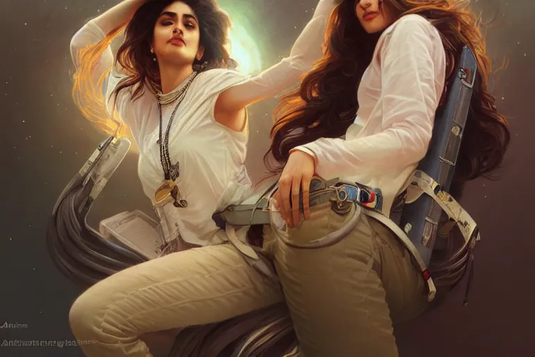 Image similar to Sensual good looking pale young Indian doctors wearing jeans in a space elevator above Earth, portrait, elegant, intricate, digital painting, artstation, concept art, smooth, sharp focus, illustration, art by artgerm and greg rutkowski and alphonse mucha