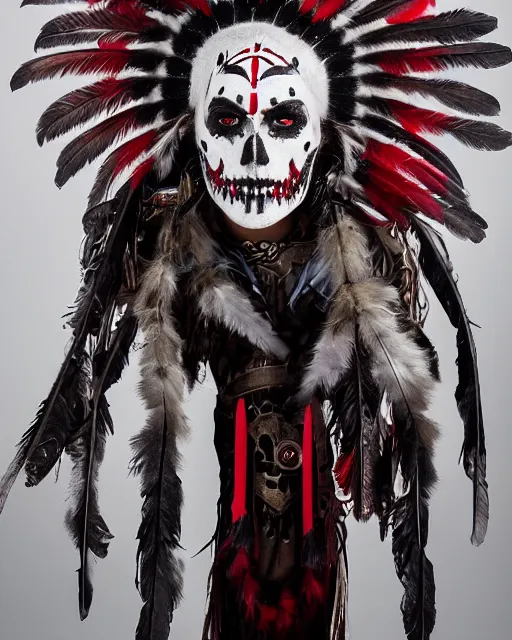 Image similar to the aztec ghost - spirit of the grim - warpaint wears the scarlet skull armor and native blood headdress feathers, midnight fog - mist!, cinematic lighting, various refining methods, micro macro autofocus, ultra definition, award winning photo