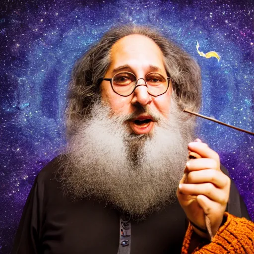 Prompt: Richard Stallman an arcane wizard casting a spell, 4k, fantasy, mystical, Sony A7R III, 85mm, f/1.8, 2018