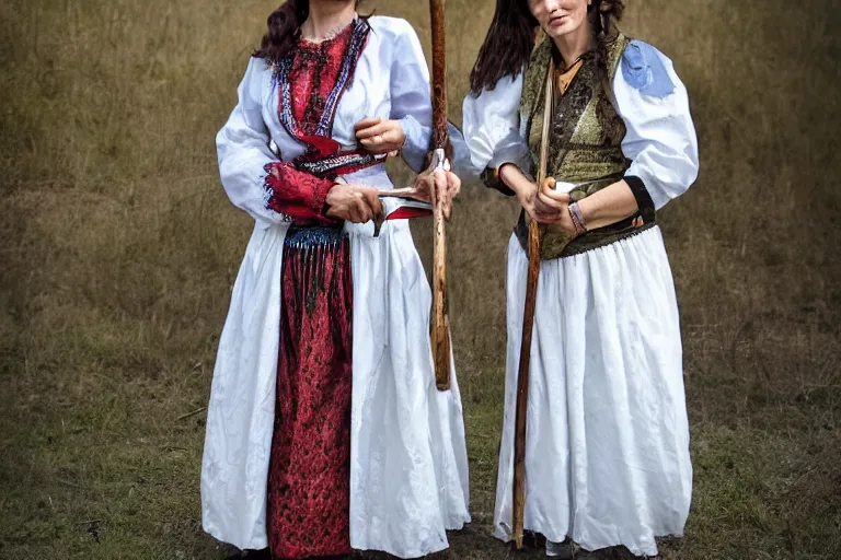 Image similar to romanian woman with scythe, drmatic ligthing, traditional romanian clothes