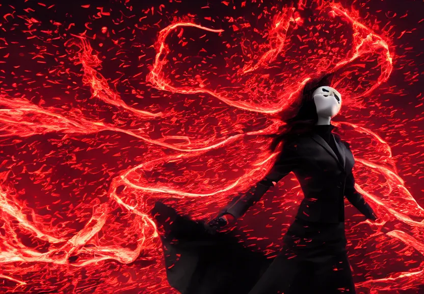 Image similar to low angle shot of a Woman made of black flames, wearing a strict business suit, with no face, with no mouth, with glowing red eyes, with a red halo over her head, with red halo, growing out of a giant rose, rose petals flying in the wind, war, authoritarian, tense, madness combat, strong dramatic cinematic lighting , blood red sky, grey skin, smooth, sharp focus, extremely detailed, illustration, digital painting, artstation, museum, sharp focus, by Godmachine and Caravaggio