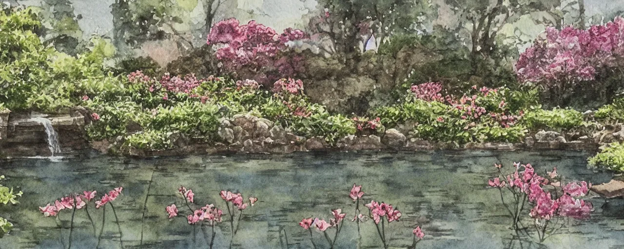 Image similar to isomeric view, delicate lake in a botanic garden, garden road, sparrows, temple in a botanical herbarium paper, watercolor colored painting, iridescent colors, 8 k, realistic shaded, fine details, artstation, italian style, colonnade, flowers, architecture, roma