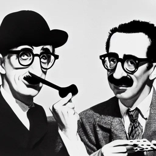 Prompt: black and white photo of Woody Allen and Groucho Marx playing cards, photorealistic