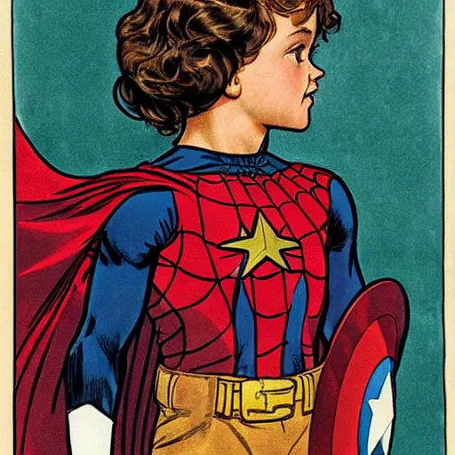 Image similar to a little girl with a mischievous face and light brown curly wavy hair. she is dressed as captain america, spider - man, batman, captain marvel, a superhero. well composed, clean elegant painting, beautiful detailed face. by steve ditko and jack kirby and alphonse mucha