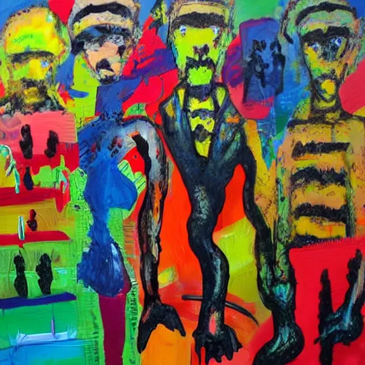 Image similar to artistic dirty art acrylic painting, paint brushstrokes and squeegeed dirty artwork, art by sandra herberstein, surreal, human figures, low tons colors, world leaders of terror 2 1 th century