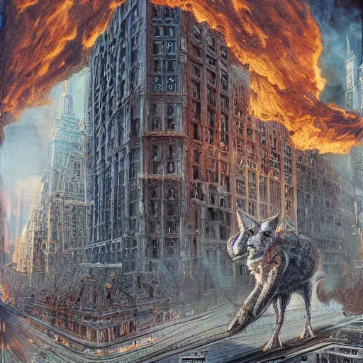 Image similar to gigantic quadruped creature walking through the center of a burning city with very tall buildings, extreme detail, abstract realism, highly ornate intricate details, 1 9 2 0's colored pencil, 4 k, cinematic lighting,