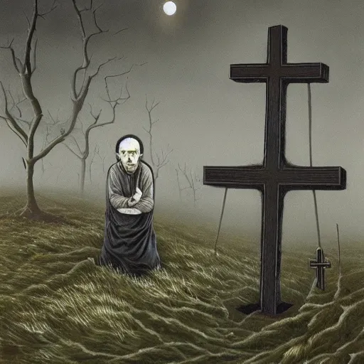 Image similar to Detail on scene, where terrified priest with tormented eyes is aiming the crucifix at grey ugly Alien, dark, horror atmosphere, the essence of evil, by Lee Madgwick