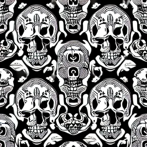 Image similar to seamless pattern showing skulls. black and white, drawing, white background, seamless, ornament.