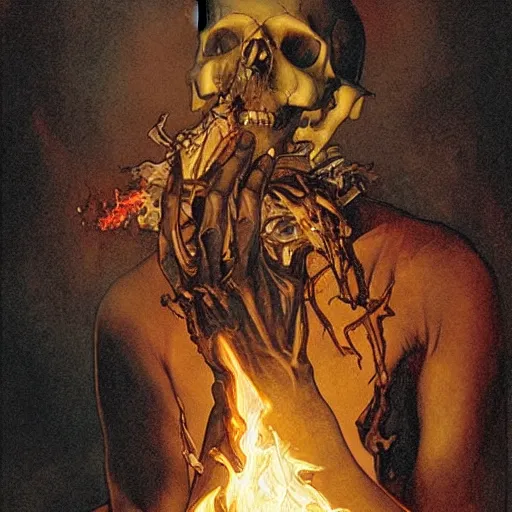 Prompt: human skull on fire, held by the rotten decayed hands of a human, cinematic, by greg rutowski, by greg rutkowski, by stanley artgerm, by alphonse mucha