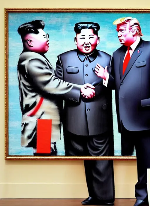 Prompt: banksy trump made peace with kim jong un art on canvas