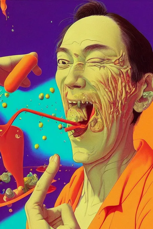 Prompt: a colorful vibrant closeup portrait of a magician licking a tab of lsd acid on his tongue and dreaming psychedelic hallucinations, by kawase hasui, moebius, edward hopper and james gilleard, zdzislaw beksinski, steven outram colorful flat surreal design, hd, 8 k, artstation