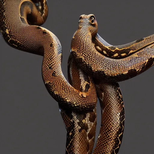 Prompt: A photo-real delicate sculpture of an ornate detailed snake in front of a intricate background by AJ Fosik, micro detail, backlit lighting, octane renderer, colorful, physically based rendering, tribal art, trending on cgsociety