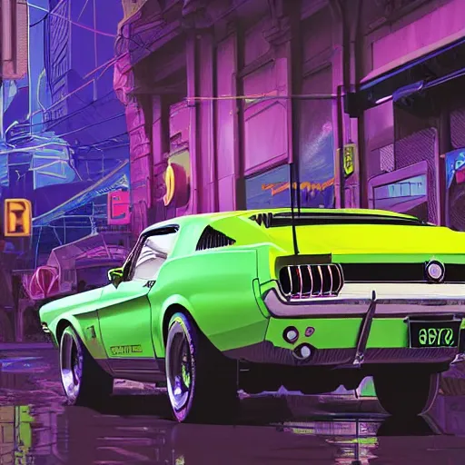 Image similar to a detailed render of a neon colored batmobile in a 1 9 6 7 ford mustang fastback, vector art, art by artgerm and greg rutkowski and alphonse mucha, cyberpunk city, rainy city streets, god rays, intricate detail, cinematic, 8 k, cel shaded, unreal engine, featured on artstation, pixiv
