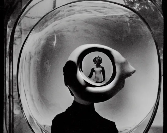 Prompt: a vintage black and white photo of a woman in a fish bowl, a surrealist sculpture by Claude Cahun, tumblr, art nouveau, hall of mirrors, surrealist, 1920