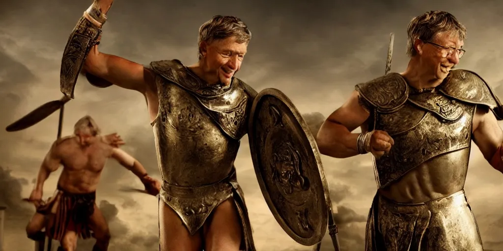 Image similar to bill gates as a glorious buff roman warrior, cinematic, dramatic lighting