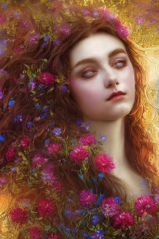 Image similar to elaborately detailed close up portrait of an extremely beautiful girl with long dark hair surrounded by flowers, an eerie mist and ethereal rainbow bubbles, Aetherpunk, high fantasy professionally painted digital art painting, fantasy matte painting movie poster, Art Nouveau, smooth, sharp focus, atmospheric lighting, highly detailed illustration highlights, backlight, golden ratio, 8K detail post-processing, symmetrical facial features, rich deep moody colors, majestic, dark epic fantasy, award winning picture, sense of awe, featured on DeviantArt, trending on cgsociety