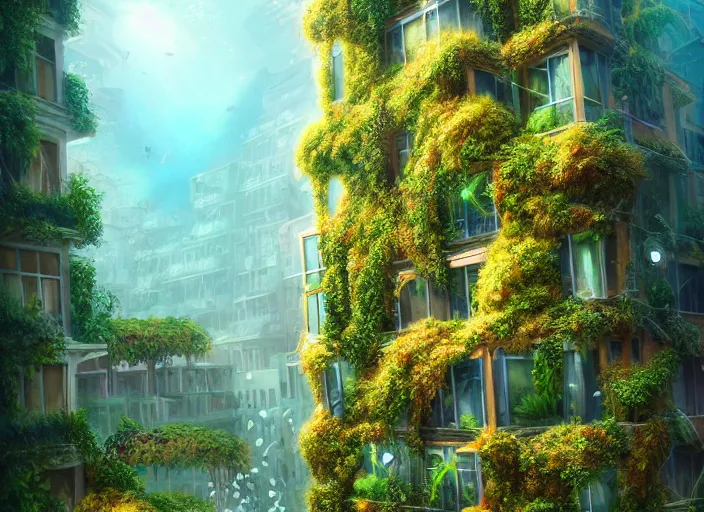 Image similar to overgrown foliage overtaking tall buildings, underwater environment, storefronts, coral, scenery, professional, award - winning, trending on artstation, hyper detailed, realistic, beautiful, emotional, shiny, golden, picture