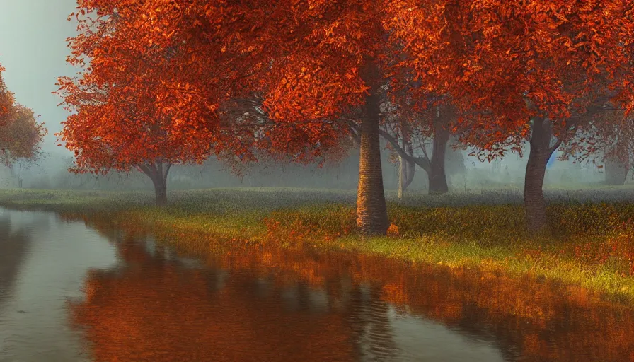 Prompt: autumn, midwest town, grey sky, leafs, trees, river, hyperdetailed, artstation, cgsociety, 8 k