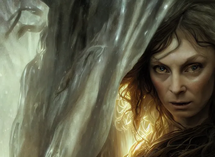 Image similar to a dramatic highly detailed render of Galadriel blended with Gollum, Middle-earth , by WLOP and Artgerm and Greg Rutkowski and Alphonse Mucha, Beautiful dynamic dramatic dark moody lighting, shadows, cinematic atmosphere, Artstation, Octane render, 8K, masterpiece, sharp focus, hyperrealistic, photograph