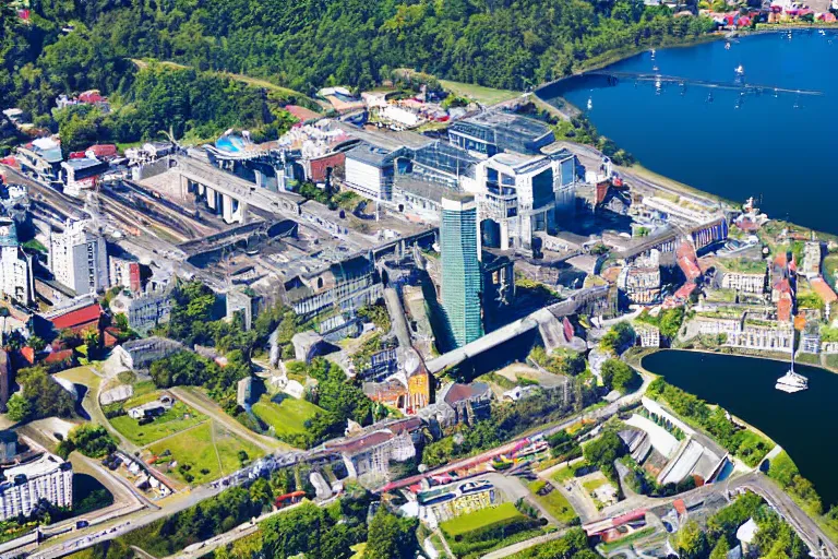 Image similar to bird's eye view photography of a small city. town hall, central farm, monorail station, beach and shipping dock. hills, woods and lake to the north.