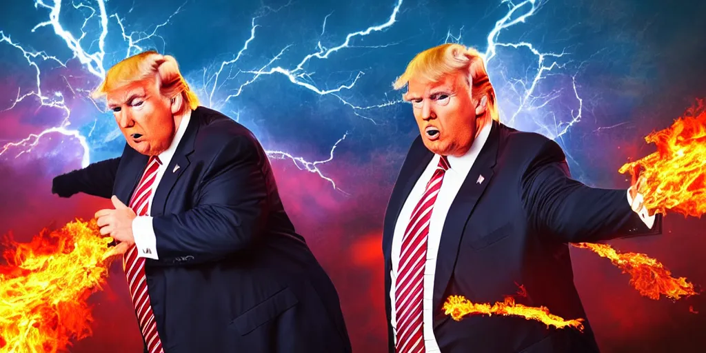 Image similar to obese donald trump casting fireballs, colorful hd picure, lightning in the background