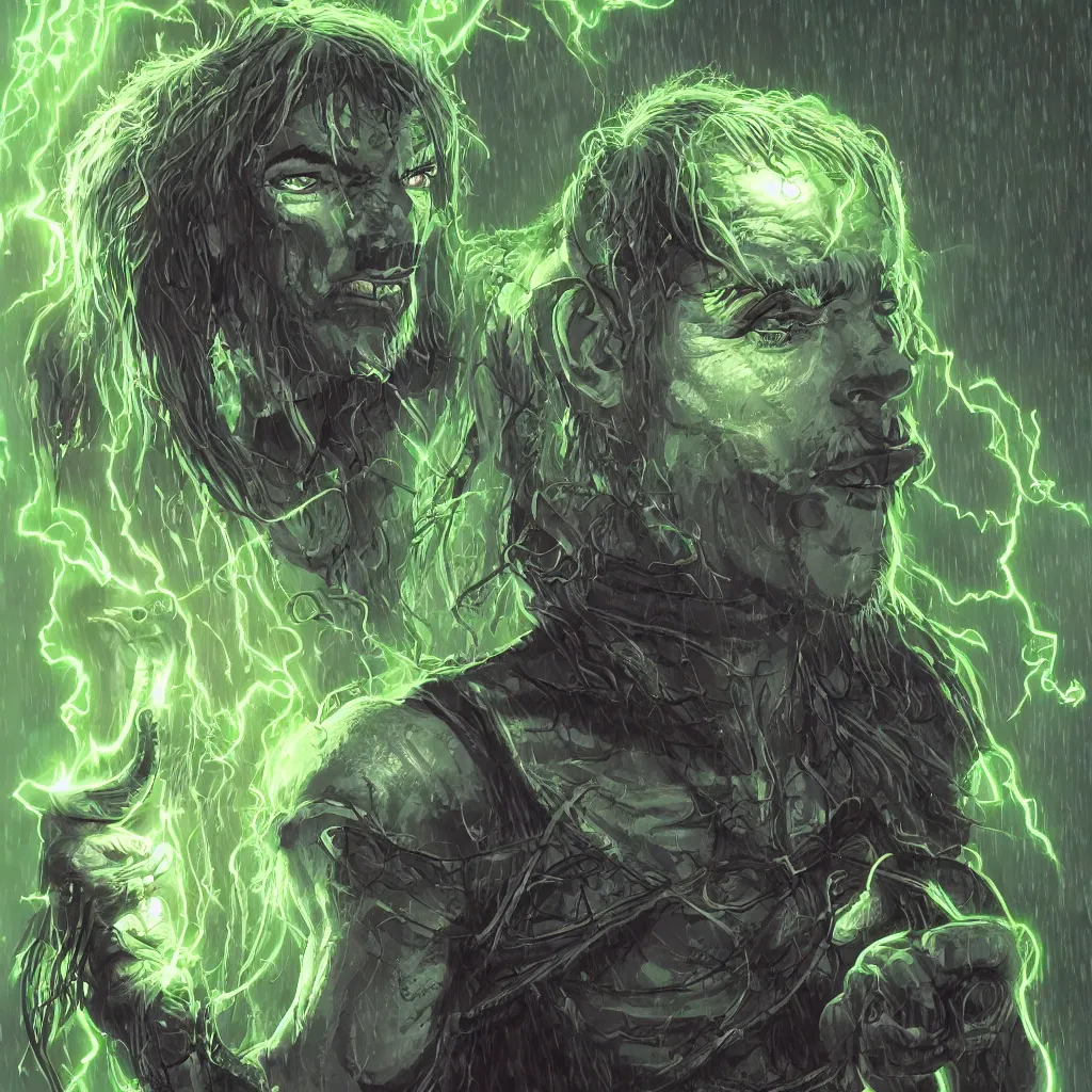 Image similar to half - orc shaman with long wiry grey hair, vines in hair, glowing green eyes, glowing tattoos, lightning in background, rainy background, character concept art, artstation, digital art