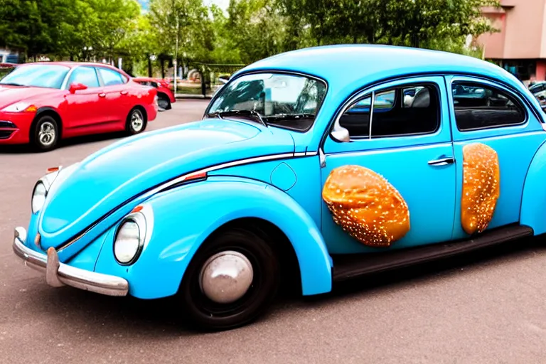 Image similar to a blue beetle car with burgers in place of the wheels