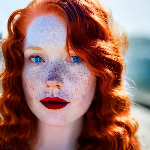 Image similar to close up hald face portrait photograph of a redhead woman with stars in her irises, deep red lipstick and freckles. Wavy long hair. she looks directly at the camera. Slightly open mouth, face covers half of the frame, with a park visible in the background. 135mm nikon. Intricate. Very detailed 8k. Sharp. Cinematic post-processing. Award winning portrait photography