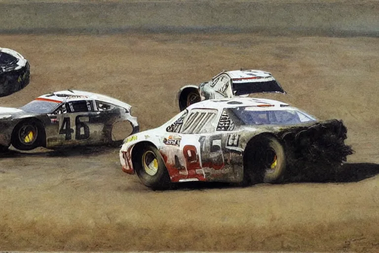 Prompt: nascar race, painting by andrew wyeth, very detailed, high quality,