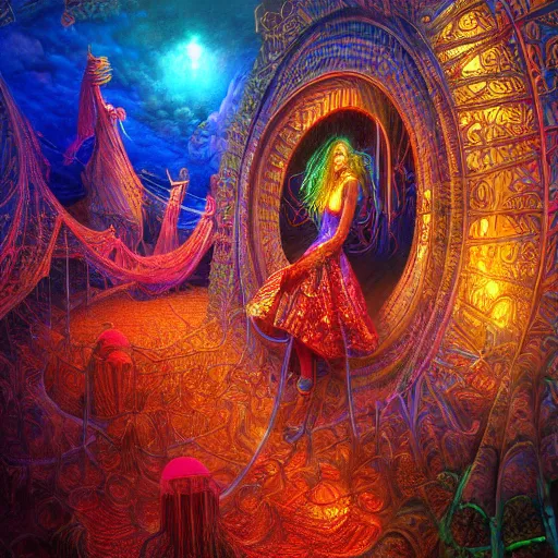 Prompt: Photorealistic Vibrant Dream Carnival in the style of Michael Whelan and Gustave Dore. Hyperdetailed photorealism, 108 megapixels, amazing depth, glowing rich colors, powerful imagery, psychedelic Overtones, 3D finalrender, 3d shading, cinematic lighting, artstation concept art