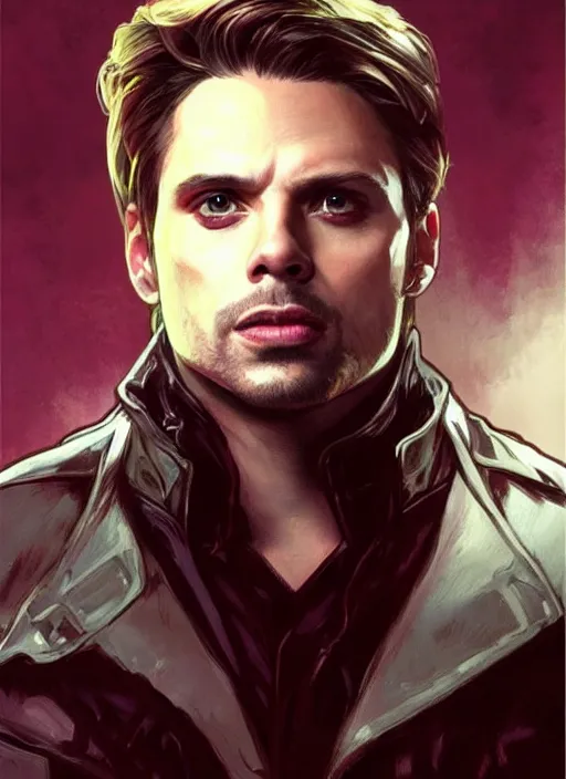 Image similar to sebastian stan as the winter soldier painted by artgerm and greg rutkowski and alphonse mucha