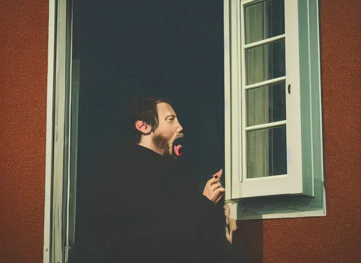 Image similar to a camera obscura closeup photo a man licking his window