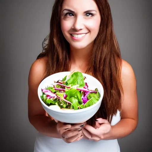 Prompt: female portrait, extremely detailed professional photo, studio lighting, woman with bowl of salad