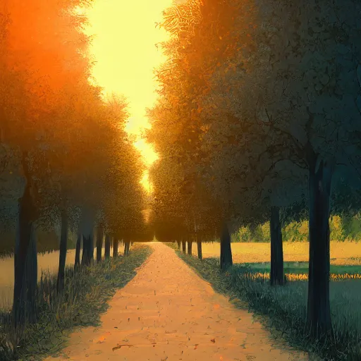 Prompt: tree-lined path at sunset, by Aenami Alena, Afshar Petros