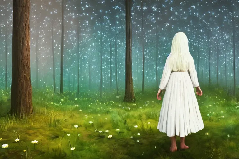 Image similar to giant white daisy flower head, girl walking in dark forest, surreal photography, dark night, stars, moon light, impressionist painting, clouds, digital painting, artstation, simon stalenhag