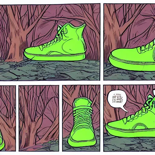 Image similar to a sporty guy, acid-green sneakers, runs alone through a forest with tall trees, art by stan lee, comics, a shot from the back in perspective, best illustration,