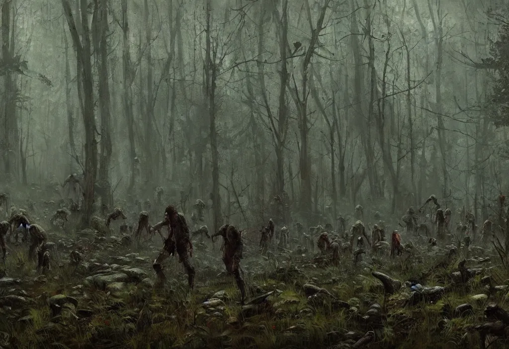 Image similar to zombies in a dense forest, artstation, jakub rozalski, high detail, dramatic lighting, night, rain