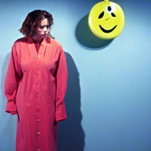 Image similar to still from a 1994 arthouse film about a depressed woman dressed as an inflatable smiley who meets a handsome younger man in a seedy motel room, color film, 16mm soft light, weird art on the wall