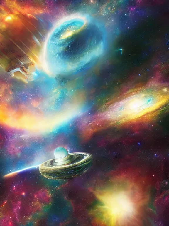 Image similar to expansion of the universe, a lone spaceship, galaxy cosmic nebula, epic, volumetric light, hyperrealistic, glitter, mega detailed, beautiful composition, beautiful lighting, unreal render, 4 k, vincent di fate, john berkey, michael whelan