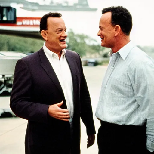 Image similar to tom hanks having a friendly conversation with tom hanks, candid photography