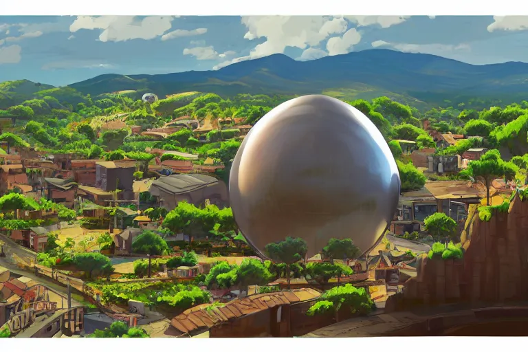 Image similar to a big factory with a spherical architecture designed by boeing military on a hill in a beautiful landscape of the french countryside during spring season, painting by toei animation backgrounds hd and city hunter anime backgrounds hd and a few vector illustration touch, nice lighting, soft and clear shadows, low contrast, perfect